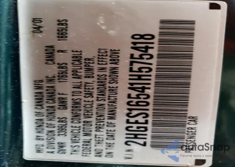 2001 Honda Civic Lx из США, поврежденный, VIN 2HGES16541H575418